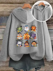 Women's Halloween Ghost Pumpkin Vampire Cartoon Hoodie, Casual Loose Fit Zipper Drawstring Hooded Sweatshirt, Summer Fashion