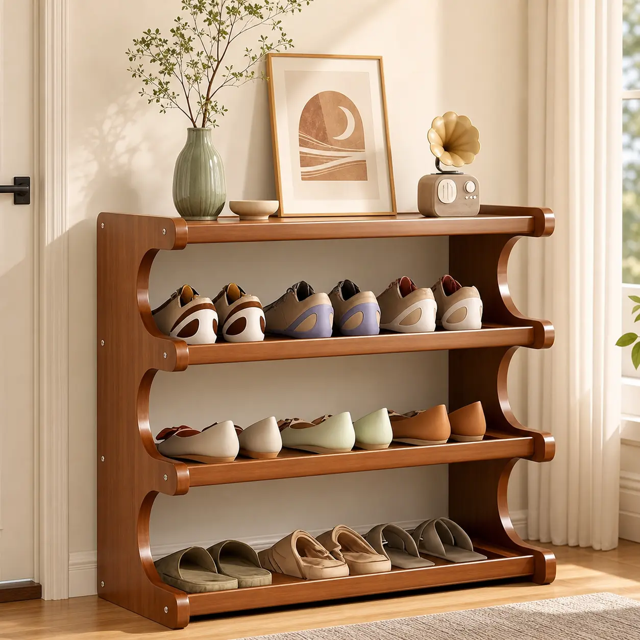 4/6-Tier Curved Sides Engineered Wood Shoe Rack, Freestanding High-Load Rustic Brown Entryway Organizer for Closet, Hallway Home Storage Shelf Stand