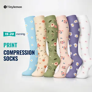 Tinylemon 6 Pairs Printed Compression Socks for Women and Men, 15-20 mmHg Knee High Colorful Pattern Support Socks, Breathable Nurse Travel Running Socks