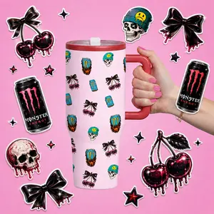 1 Pc 40oz insulated mug, gothic cherry skull thermal cup, pink punk vacuum mug with handle and lid, double wall stainless steel tumbler for hot cold drinks, leak proof travel cup, keeps hot 12h cold 24h, emo aesthetic gift for women girls
