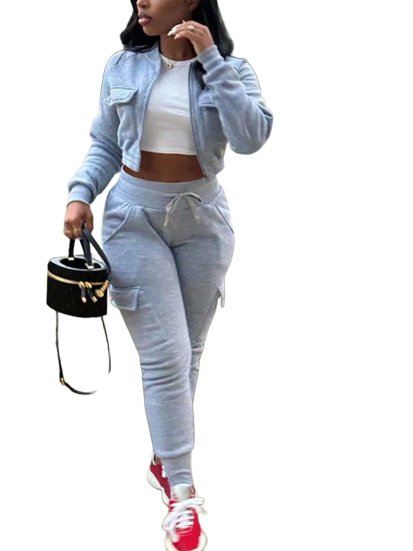 Women's 2-Piece Heavyweight Basic Ribbed Long Sleeve Sweatshirt & Thermal Lined Cargo Pants Set, Slim-Fitting Solid Grey Casual Sporty Chic Autumn Winter Warm Fleece Outfit, Machine Washable, Normal Type Regular Fit, Thick