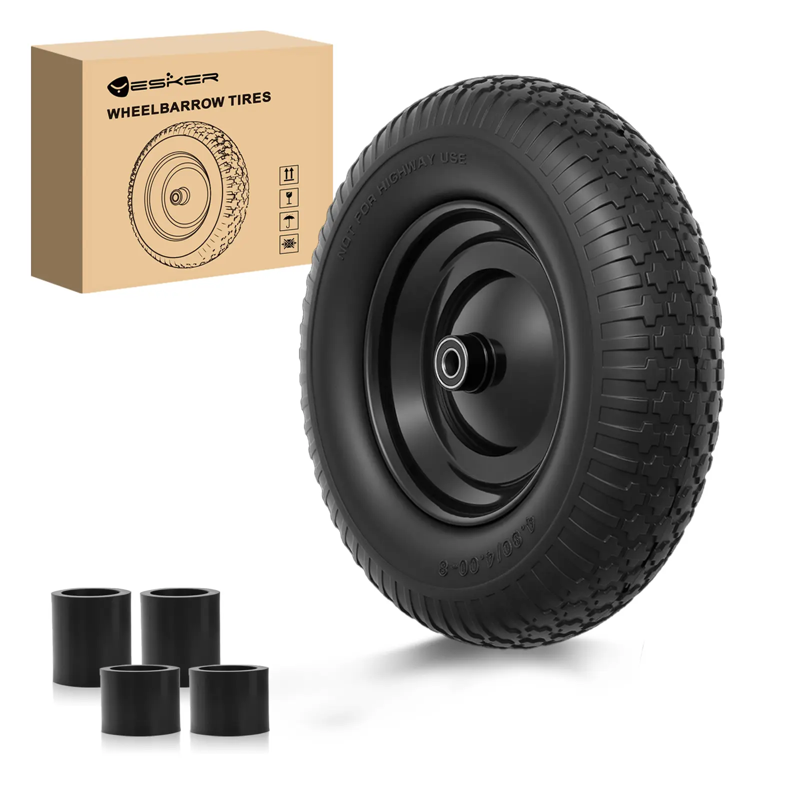 Yesker 4.80/4.00-8 Flat Free Polyurethane Tire & Wheel Replacement, 14.5 in Solid PU Tire with 5/8 in Axle Bore Bearing for Wheelbarrow, Utility Cart, 1 Pack Load-Handling Puncture-Resistant Father's Day Gift
