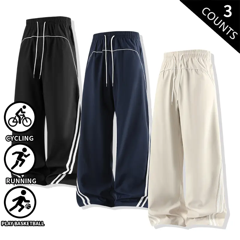3-Pack Men’s Casual Wide-Leg Track Pants, Striped Elastic Waist Drawstring Sweatpants, Loose Fit Baggy Athletic Pants, Quick-Dry Lightweight Workout Pants for Running, Basketball, Cycling, Gym, Streetwear, Men’s Fashion Lounge Pants with Side Stripes, Com