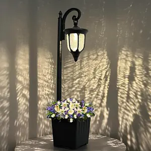 Solar Lamp  Light with Planter, Outdoor Solar Lights with Crackle Glass, Matte Black Outdoor Flower Pots, 2 in 1 Solar  Lights  for Porch Garden Patio