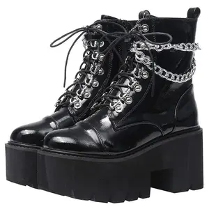 BlackFriday Platform Patent Leather Goth Boots for Women Chunky Heeled Combat Punk Black Boots Lace Up Round Toe Ankle Booties Ergonomic Heel Design  Mid Calf Motorcycle Boots