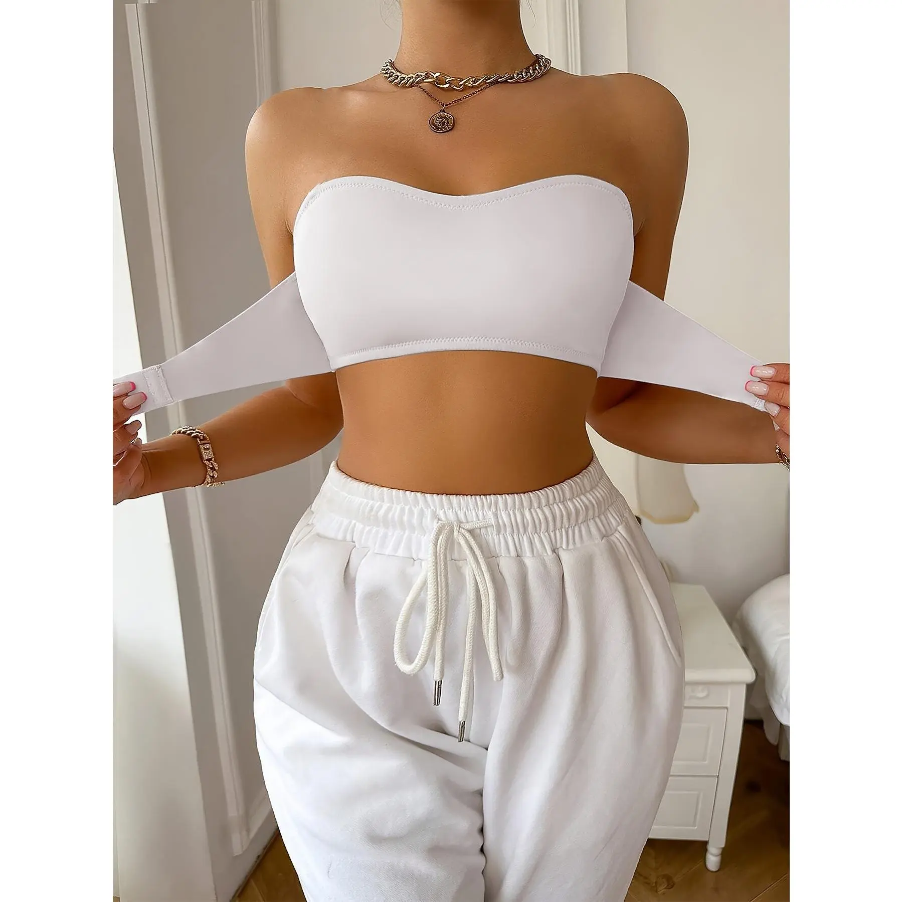 Women's 2-Pack Strapless Bandeau Bras, Wireless Seamless Push Up Lingerie with Front Closure, Invisible & Backless Smoothing Fit, Machine Washable for Outfits with Thigh High Socks, Solid Plain, Basic, Polyamide, Wire Free, 1-Size, One-Size