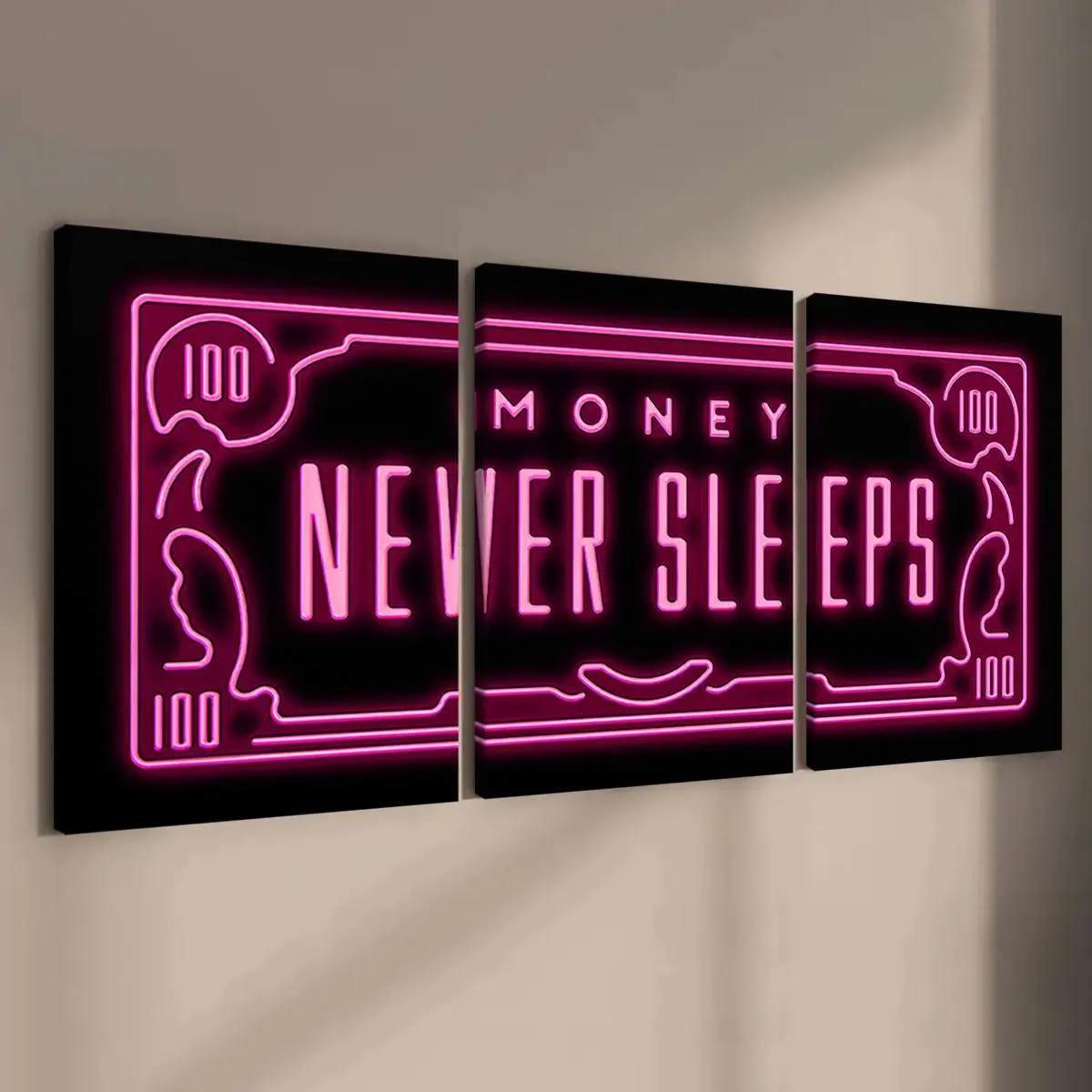 Neon Money Design Wooden Framed Canvas Poster, 3 Counts/set Creative Design Print Modern Art Wall Decoration Items, Aesthetic Wall Decor, Hanging Wall Art for Home Decor Living Room Bedroom Office, Creative Modern Decoration