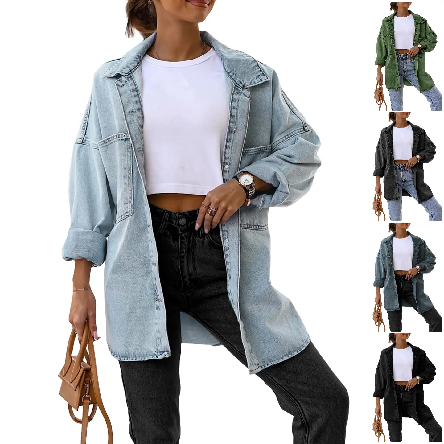Goranbon Women's Oversized Minimalist Denim Jackets - Casual Comfortable Button-Down Long Boyfriend Jean Coats with Pockets, Women's Clothes Tops for Day Wear, Basic