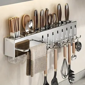Stainless Steel Kitchen Knife Holder Rack, Multi-Functional No Drilling Easy Installation Knife Stand, Wall Mounted Utensil Storage Organizer