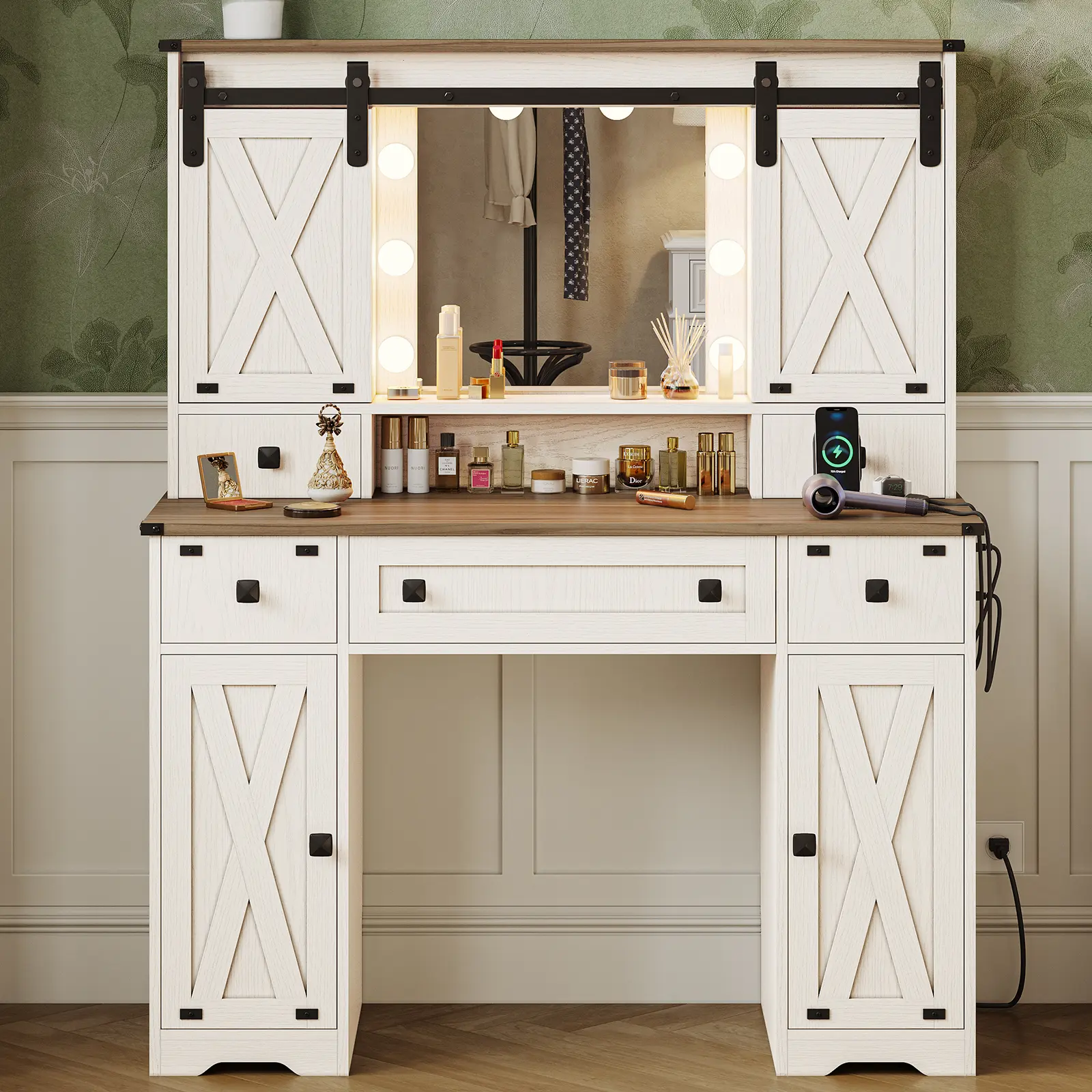Hasuit Farmhouse Vanity Desk with Mirror and Lights, White Makeup Dressing Table with Charging Station, Rustic Vanity Mirror with Sliding Barn Door, Vanity Table with 3 Adjustable Lighting Modes