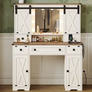 Valentine’s Gifts: Hasuit Farmhouse Vanity Desk with Mirror and Lights, White Makeup Dressing Table with Charging Station, Rustic Vanity Mirror with Sliding Barn Door, Vanity Table with 3 Adjustable Lighting Modes