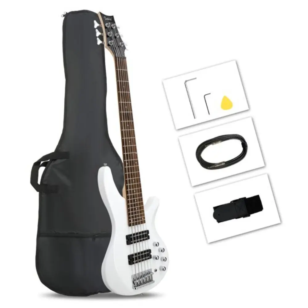 Glarry 44-Inch 6-String H-H Pickup Electric Bass Guitar Pack - Basswood Body, Laurel Wood Fingerboard, C-Shaped Neck, Adjustable Bridge, White, 44.88x12.56x1.65in, Bag & Accessories for Bass Musicians, Versatile for Multiple Playing Styles, Humbucker, Wre