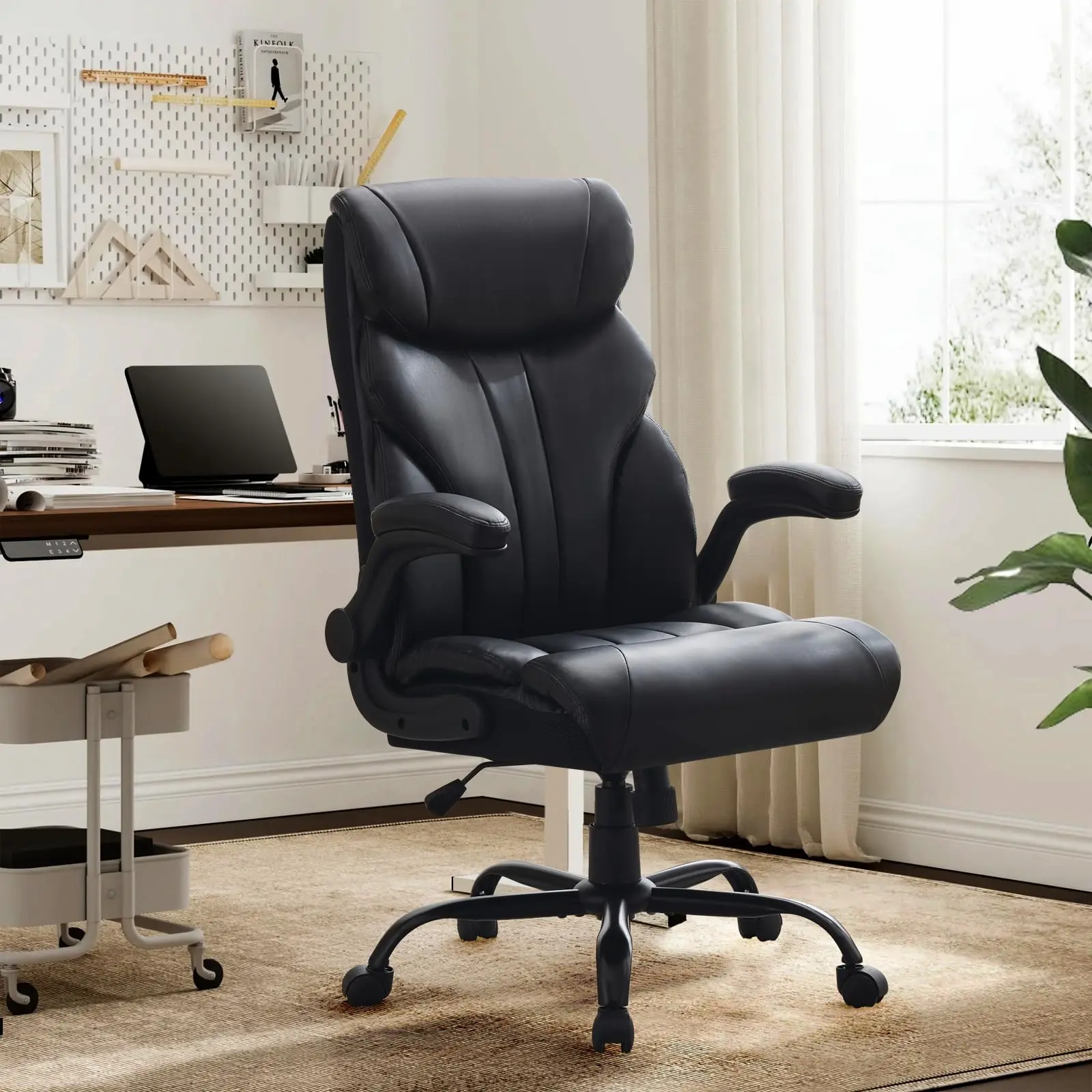 Big and Tall 500lbs Ergonomic Leather Office Chair – High Back, Footrest, Adjustable Height, Turnover-Up Armrests, 90°-155° Recline, 360° Swivel, Lumbar Support for Home or Executive Desk – Brown