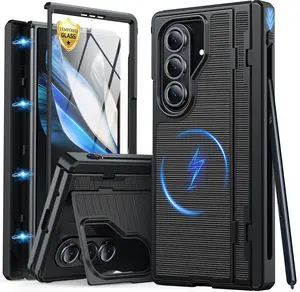 Magnetic Case for Samsung Galaxy Z Fold 7 with Built-in Screen Protector, Slim S Pen Holder & Kickstand, [Hinge Protection][MagSafe Compatible] Full Body Shockproof Cover