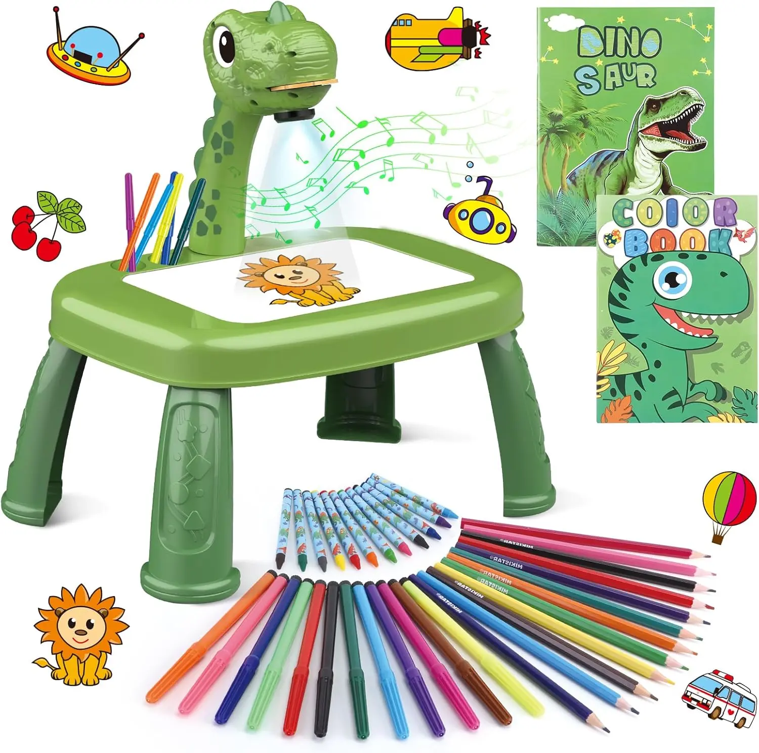 Dinosaur Drawing Projector for Boys Age 3+, ABS Plastic Educational Arts & Crafts Toy with Craft Supplies - Drawing Board, Watercolor Pens, Pencils, Crayons, Scrapbook, Sticker Book, Unicorn Stickers, Stamps, Coloring Books