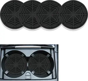 4PCS Silicone Car Coasters,Unique Spider Web Non-Slip Car Cup Holder Coaster Car Interior Accessories,Universal 2.75 Inch Car Drink Coaster for Women Men (Black)