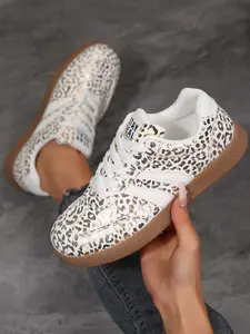 Women's Metallic Leopard Print Walking Sneakers, Casual Street Style Lace-Up Retro Tennis Shoes, Gum Rubber Sole, PU Upper Material, Comfortable Fashion Sneakers for Daily Wear and Versatile Use, Trendy Sneakers