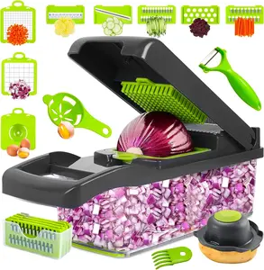 16-in-1 Vegetable Chopper with Container – Multi-Functional Kitchen Utensil, Food Dicer & Onion Cutter with 8 Stainless Steel Blades for Slicing, Dicing, Shredding Carrots, Garlic, Tomatoes, Green