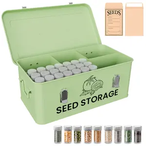 30 Slots Seed Storage Box with 5 Dividers, Metal Seed Storage Organizer, Seed Bin Storage Container with 100 Seed Envelopes (Green)