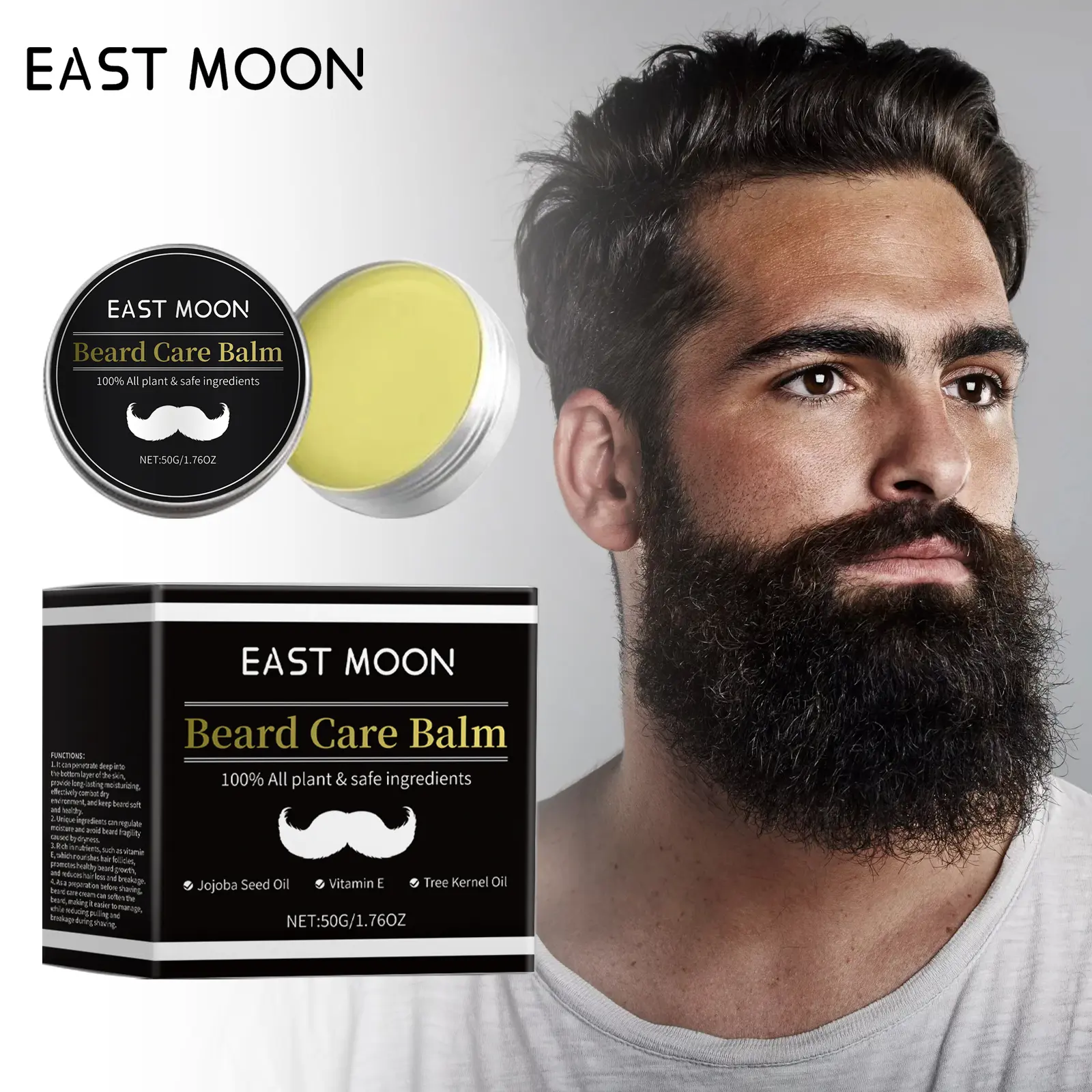 East Moon Men's Facial Hair Care Cream, Strong Beard Nourishing Thick Soft Bright Black Moisturizing Care