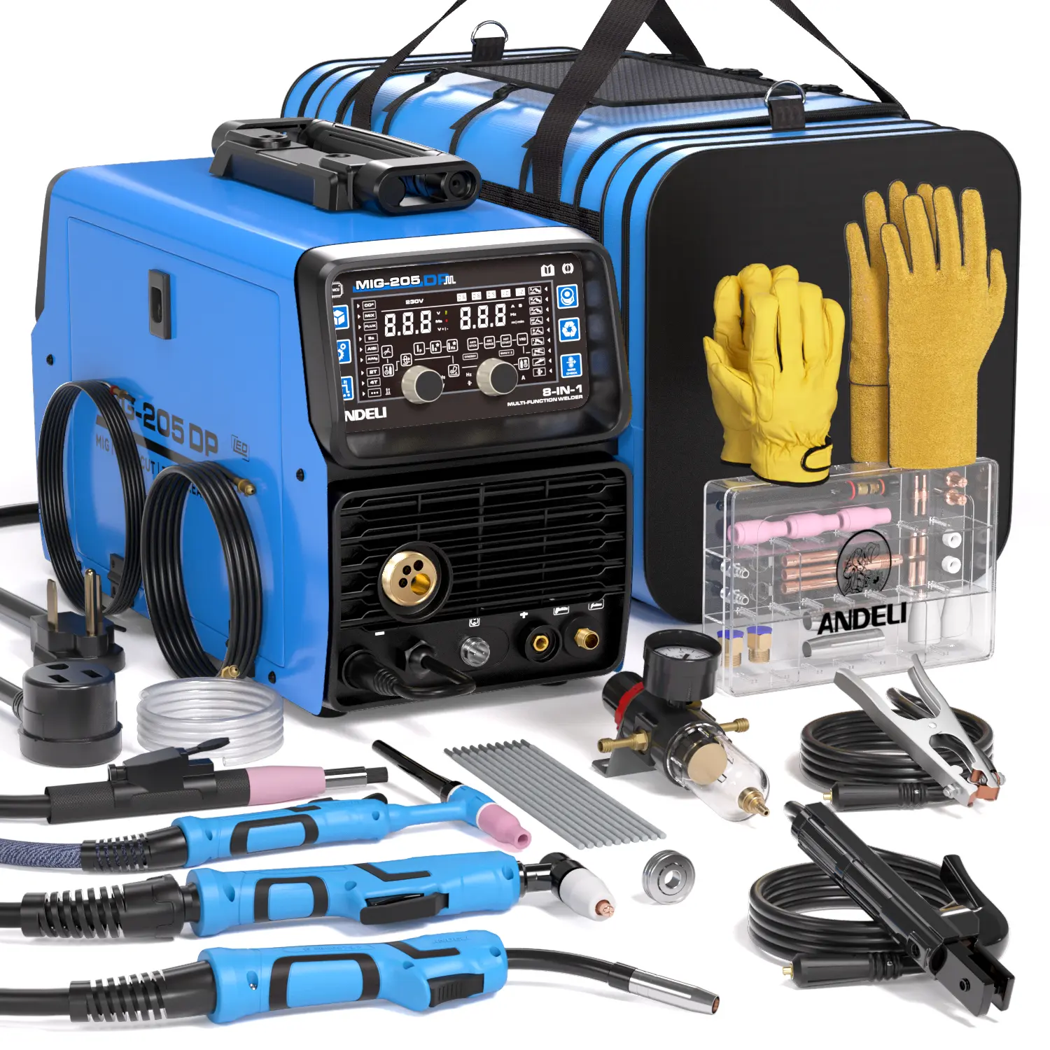 ANDELI 2026 Newest 8-in-1 MIG-205DP Multiprocess Welder - 110/220V Dual Voltage Welding Machine with Plasma Cutter, Pulsed MIG, HF TIG, Flux Core, Cold Clean Stick Welding, Auto Memory, Rotary Control, Full Kit for Multi-Weld Tasks, Tig Gloves, 110V