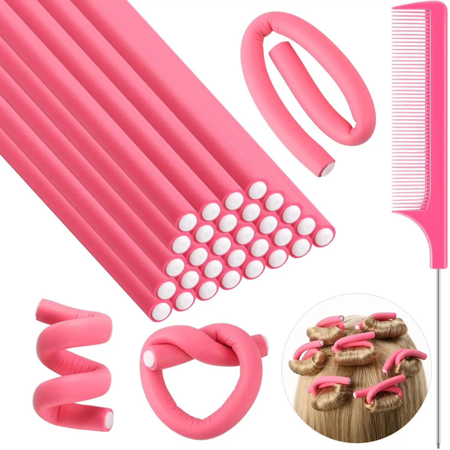 Women’s Heatless Curling Rods Set - 30 Flexible Soft Rubber Twist Rollers (7x0.3in, Pink), 1 Steel Rat Tail Comb, Hair Rods for Heatless Curls, No-Heat Hair Styling & Care Tool, Hair Rods Heatless Curls, Heatless Curling Rod
