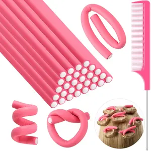 30 Pieces Flexible Curling Rods Twist Hair Rollers Soft Foam Rods No Heat and 1 Pcs Steel Rat Tail Comb for Women Long and Short Hair(7 x 0.3 Inch,Pink)