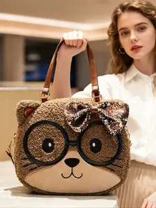 Cartoon Bow Tote Bag Fall Winter Fashion Cute Single Shoulder Large Capacity Commuter Plush Bag, Casual Commuter Bag, Stylish and Spacious Handbag, Casual Trendy Bag