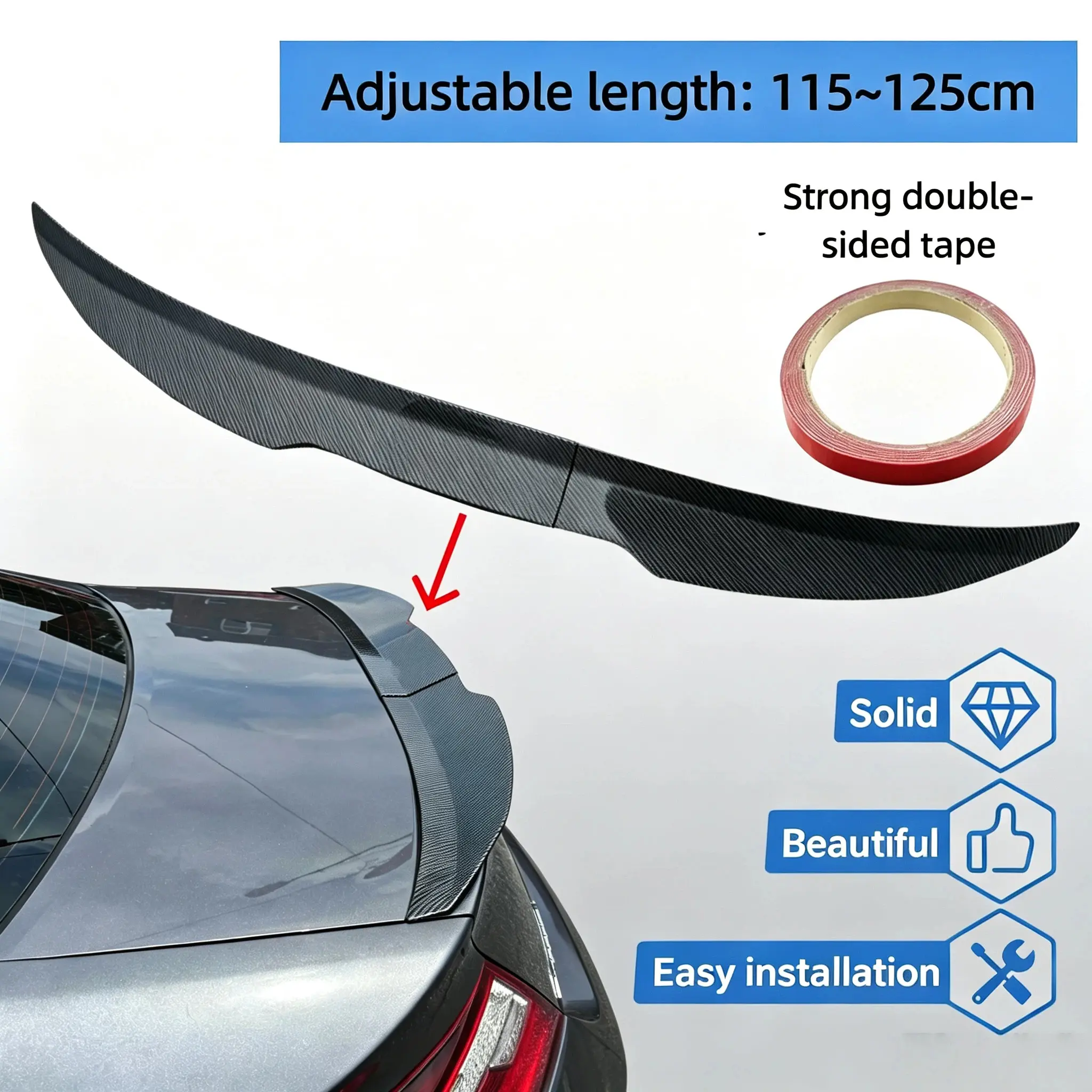 3-Segment ABS Adjustable Universal Rear Trunk Spoiler - Gloss Black Carbon Fiber Texture, Drill-Free Adhesive-Mount Sport Roof Diffuser for Automotive Aerodynamics & Airflow Control (Car Accessories)