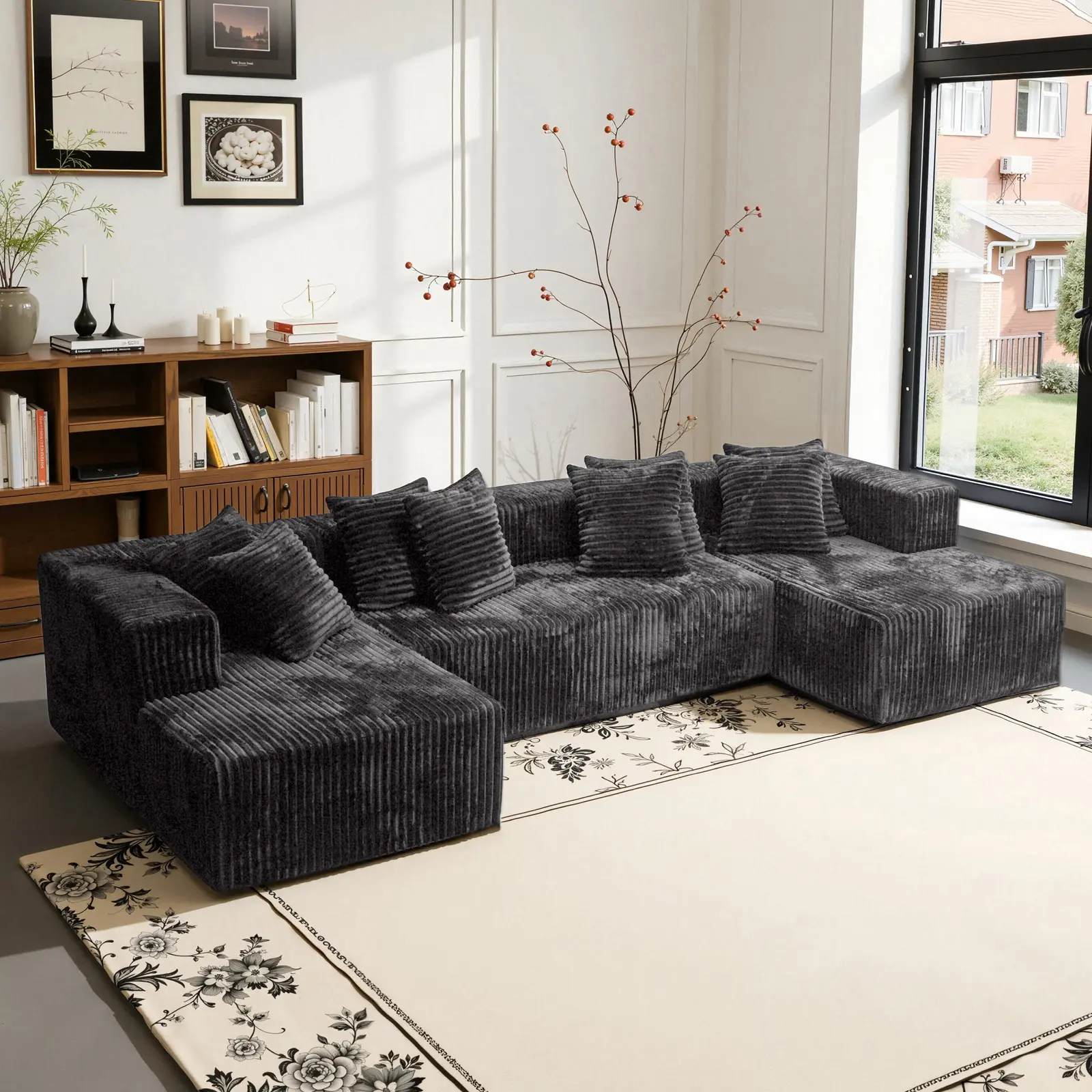 132'' U-Shape Modular Sectional Couch – Boneless Compressed Corduroy Sectional Sofa, Modern Sleeper Sofa for Living Room, Space-Efficient Convertible Corduroy Sectional