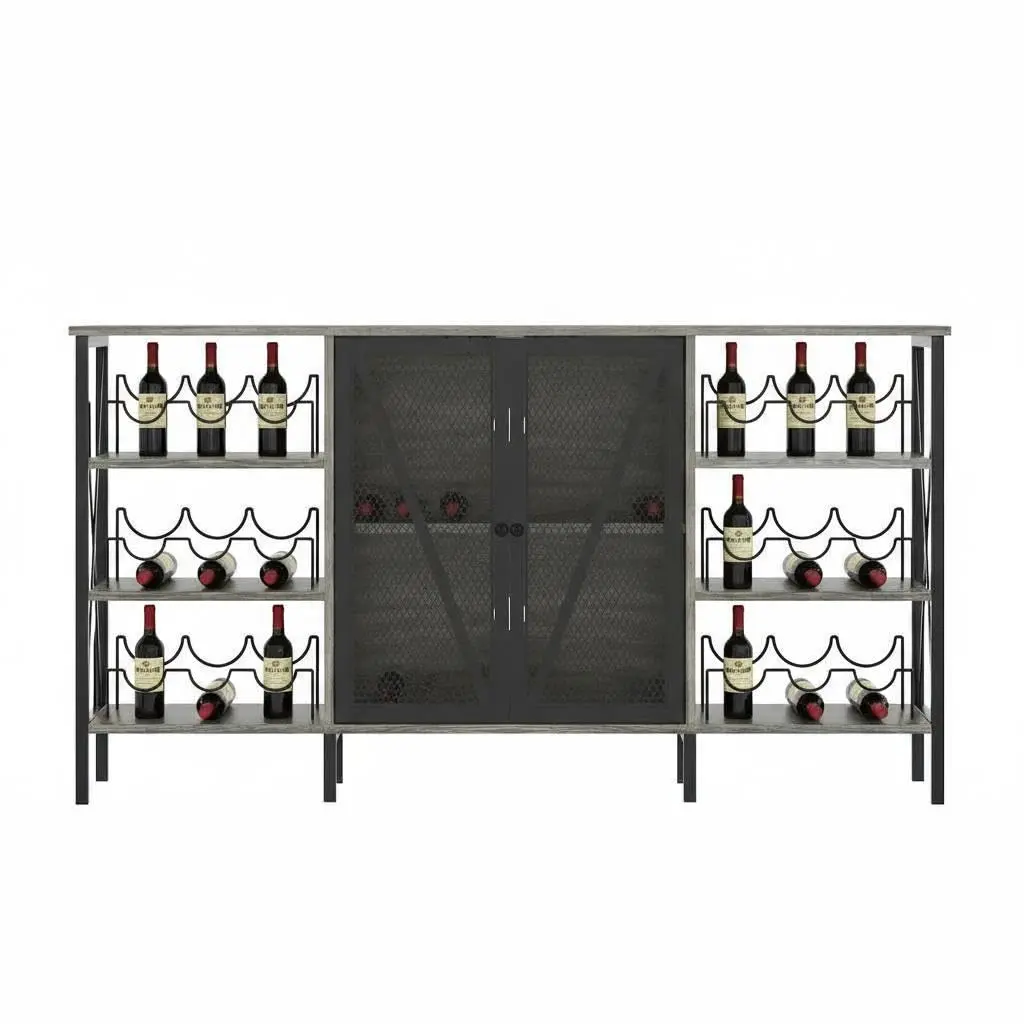 Garvee Rustic Wine Bar Cabinet with LED Light, Adjustable Shelving, Mesh Doors, 55.2" Farmhouse Grey, Black, Brown for Home Bar, Industrial Chic Design, High Load Capacity, Easy Assembly