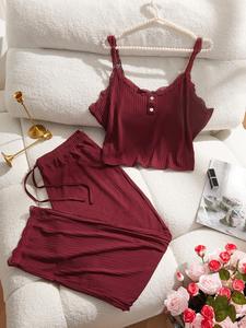 【plus size】 contrast lace cami top & tie front pants loungewear set, comfy spaghetti strap camisole & trousers pj set, women's sleepwear for all seasons