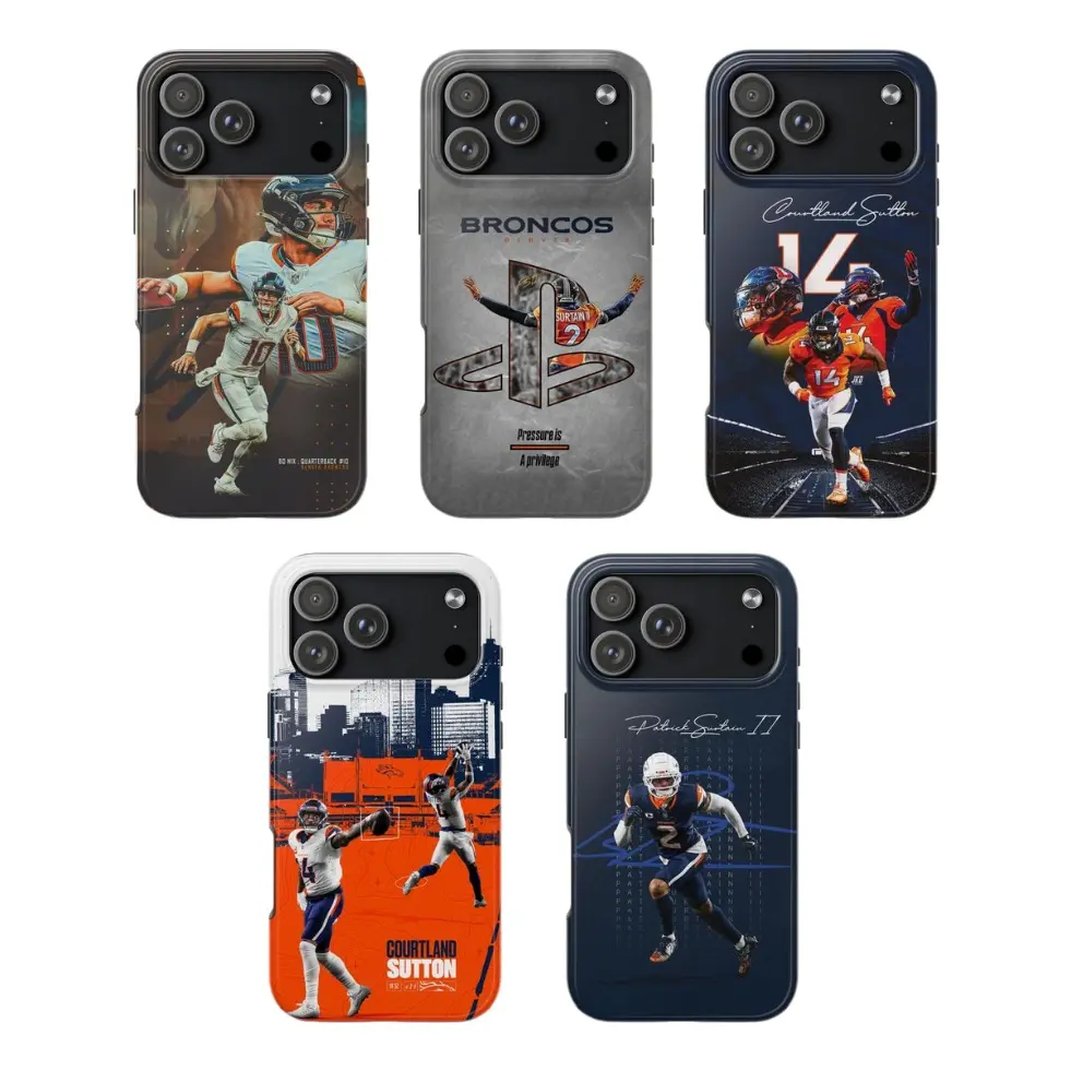 Broncos Player Football Action Phone Case, Orange & Navy Sports Design, Dynamic Player Collage, Protective iPhone Case for Fans for iPhone 17 - SE- Samsung S21-25