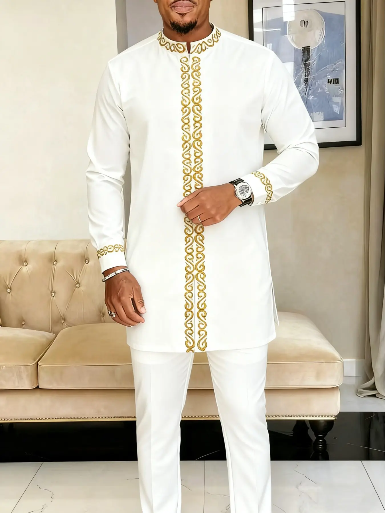 Men's Muslim Style Kaftan Kurta Set Tops Bottoms, Round Neck Long Sleeve Embroidery Design, Casual African Clothing for Weddings Festivals Business Fasting Gifts