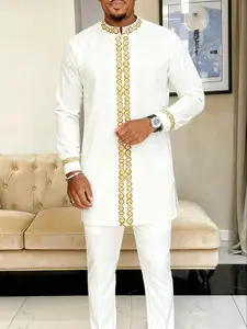 Men's Muslim Style Kaftan Kurta Set Tops Bottoms, Round Neck Long Sleeve Embroidery Design, Casual African Clothing for Weddings Festivals Business Fasting Gifts