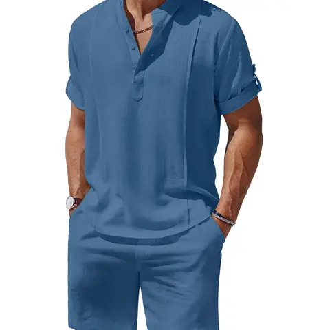 COOFANDY Men's 2 Pieces Linen Set Henley Shirt Short Sleeve and Shorts Summer Beach Yoga Matching Outfits