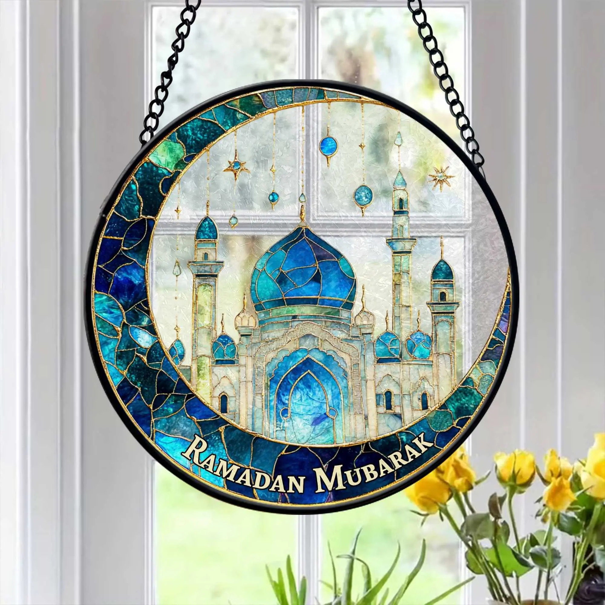 Ramadan Mubarak Faux Stained Glass Suncatcher, Gift for Muslim, Islamic Gift, Eid Ramadan Decor, Easter Window Hanging Decor