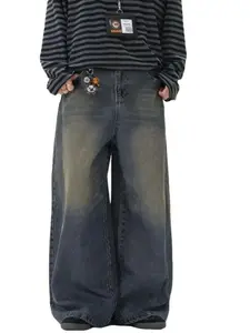 Men's Cotton Oversized Baggy Wide Leg Jeans - Vintage Mud Wash Tinted Denim, Striped Retro Skater Pants, Casual Menswear Couple Style Trousers,summerwins jeans for men jeans pants for men