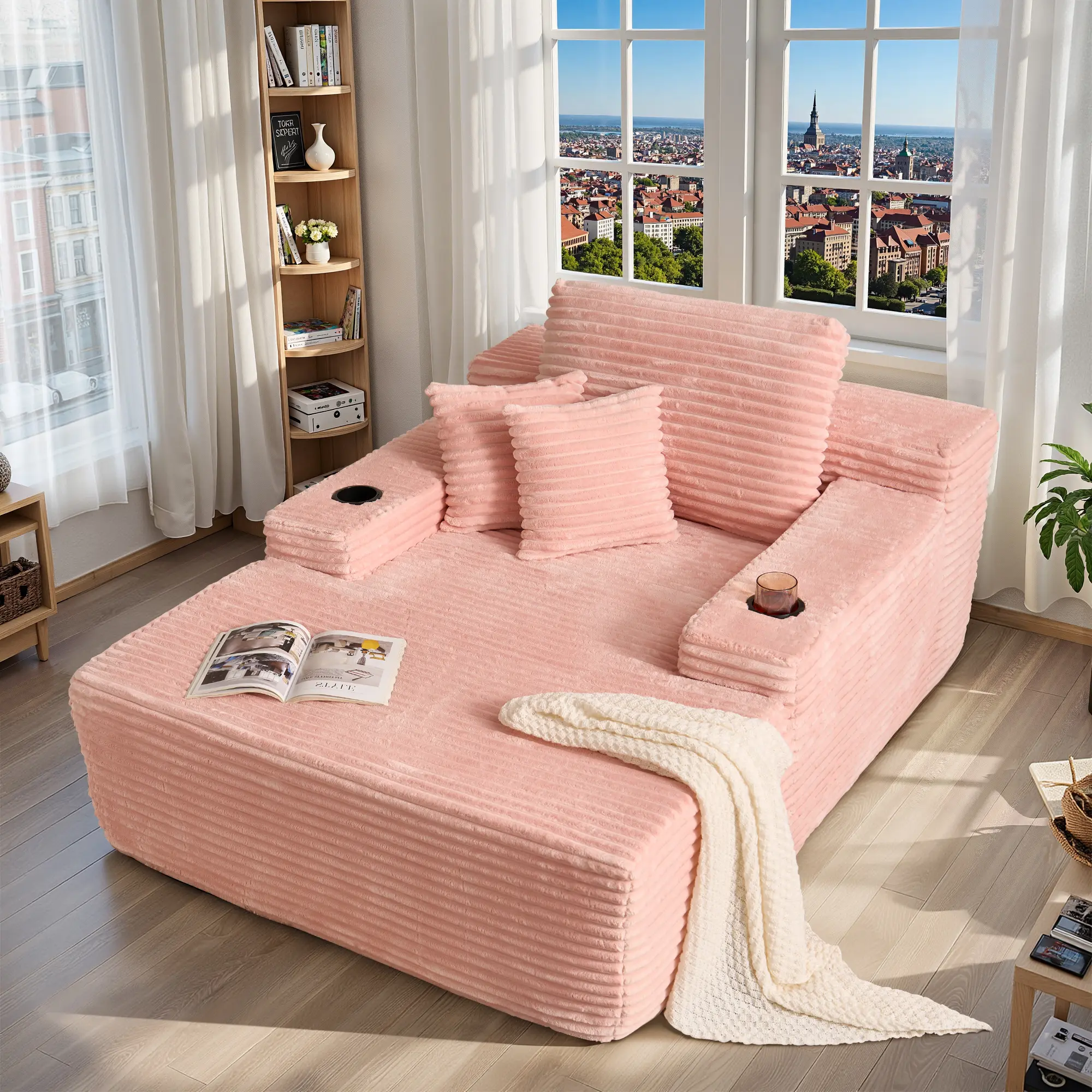 XIZZI 67in Oversized Upholstered Sofa Bed - Boneless Couch, Fluffy Plush Faux Fur Cloud Design, Cup Holders, Deep Seat Lazy Lounger for Living Room, No Assembly Required deskmakeover