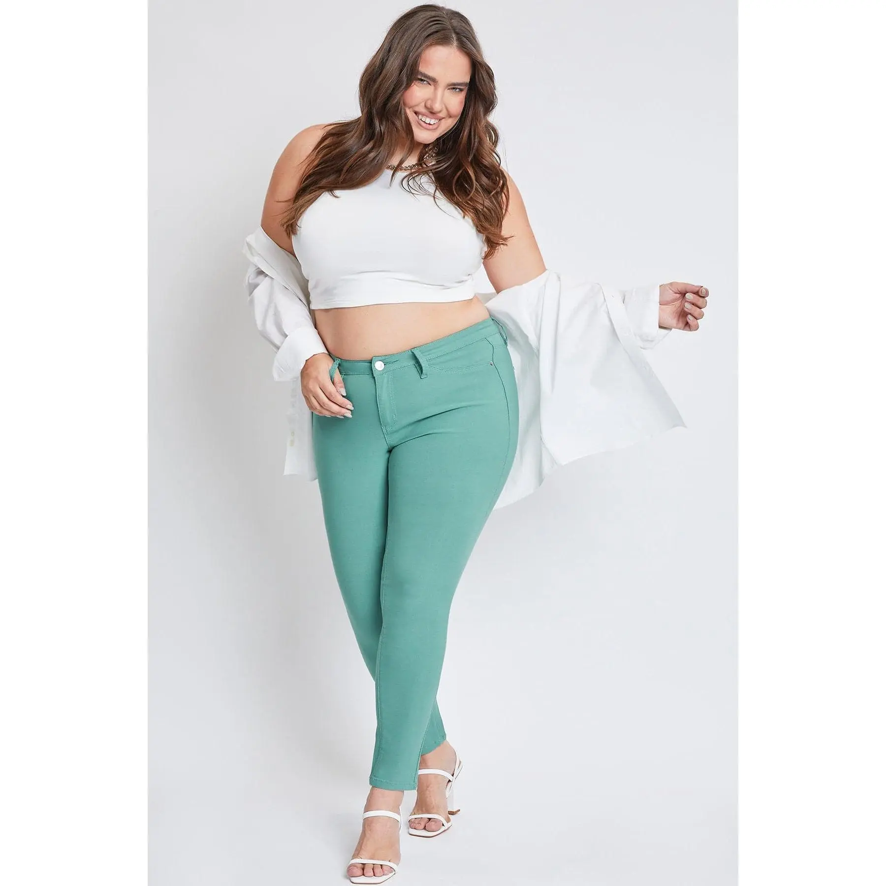 Women's Plus-Size 2X Mid-Rise Hyperstretch Skinny Pants - Spandex-Nylon-Cotton Blend, Belt-Included, Button Closure, Second-Skin Comfort, Leg-Flattering, Faux Pockets