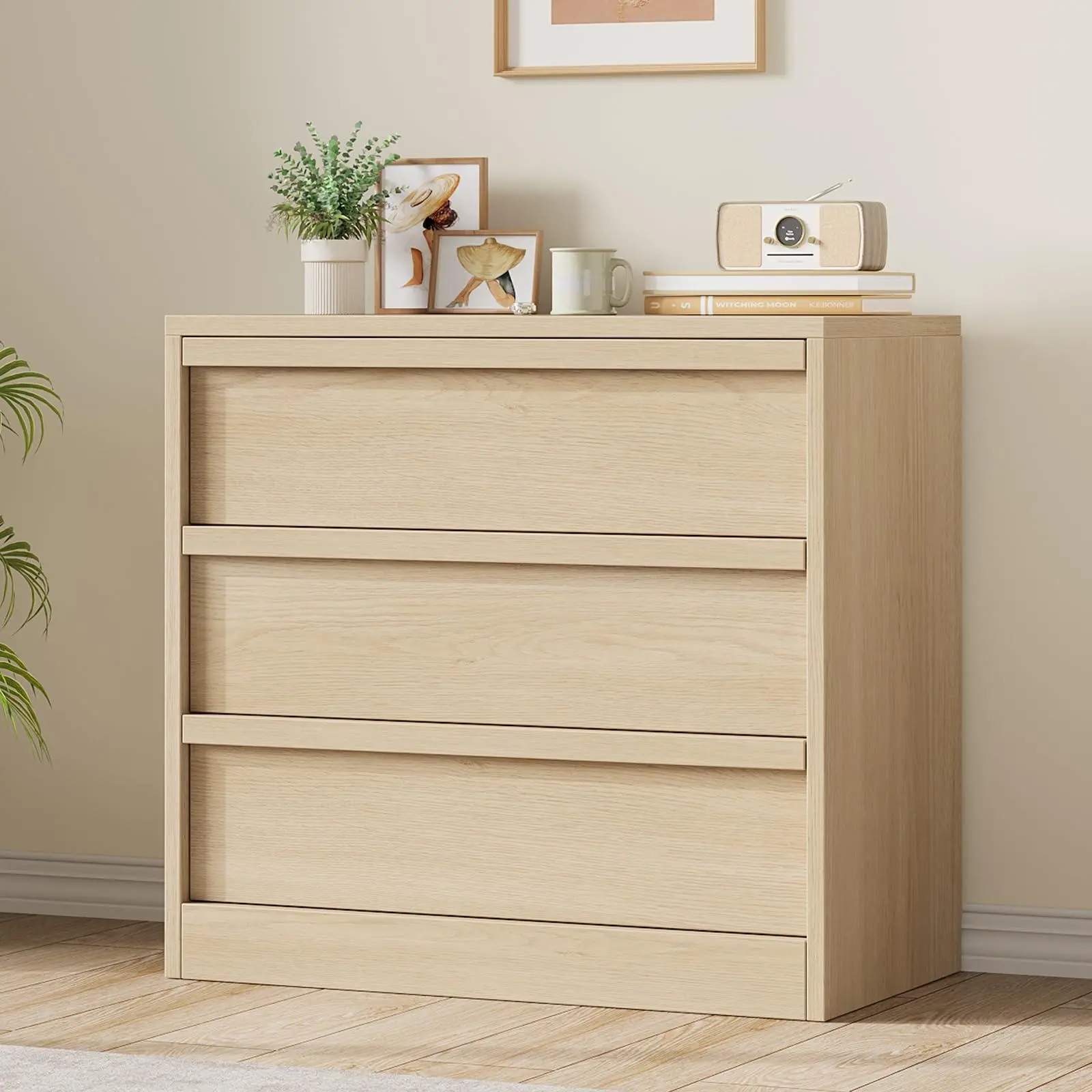 GAOMON 3 Drawer Dresser for Bedroom, Natural Oak Nightstand 3 Chest of Drawers with Large Storage, Small Modern Dresser Organizer Bedside Table for Living Room, Nursery, Entryway
