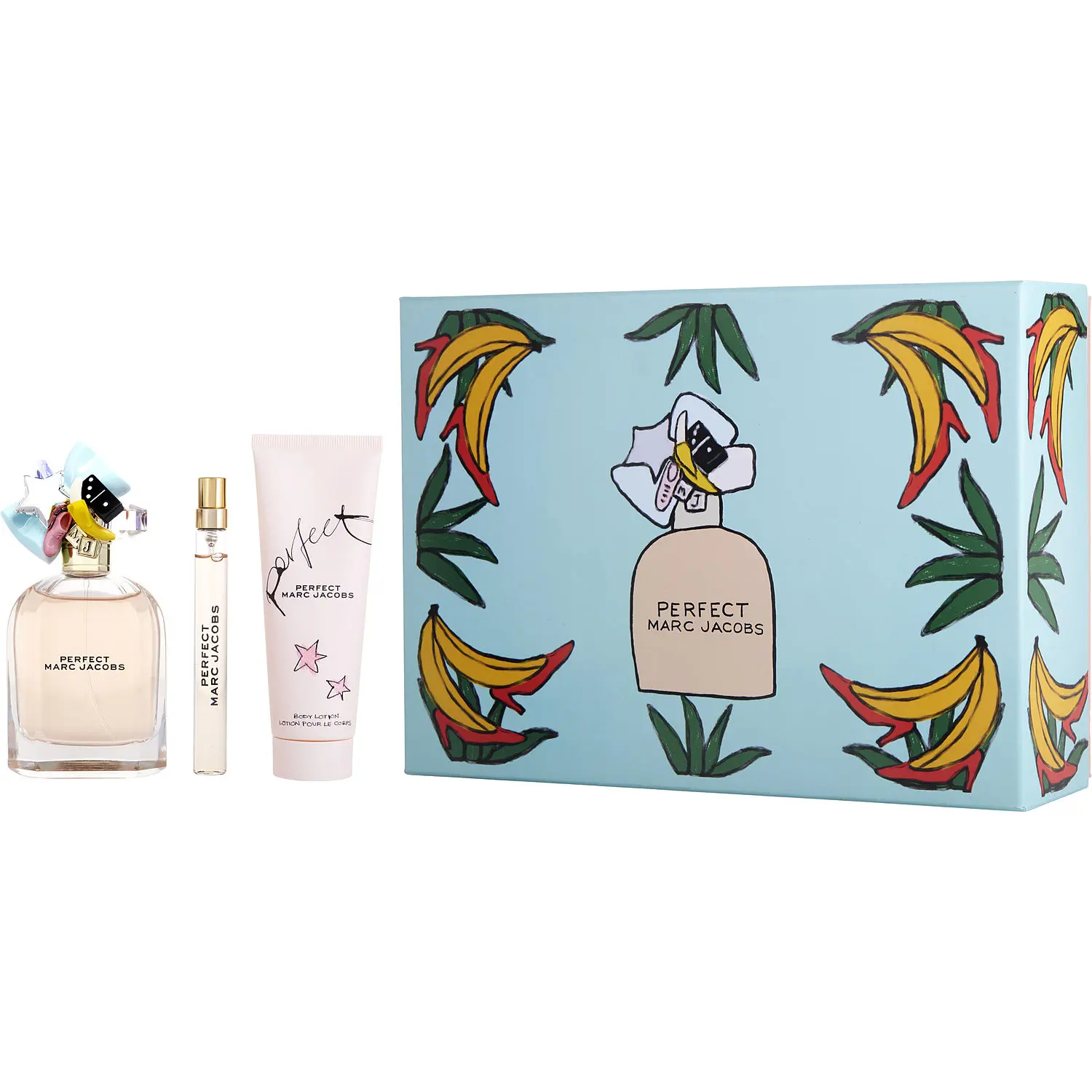 Marc Jacobs Perfect Set-Eau De Parfum Spray 3.3 Oz & Body Lotion 2.5 Oz & Eau De Parfum Spray 0.33 Oz Mini For Women