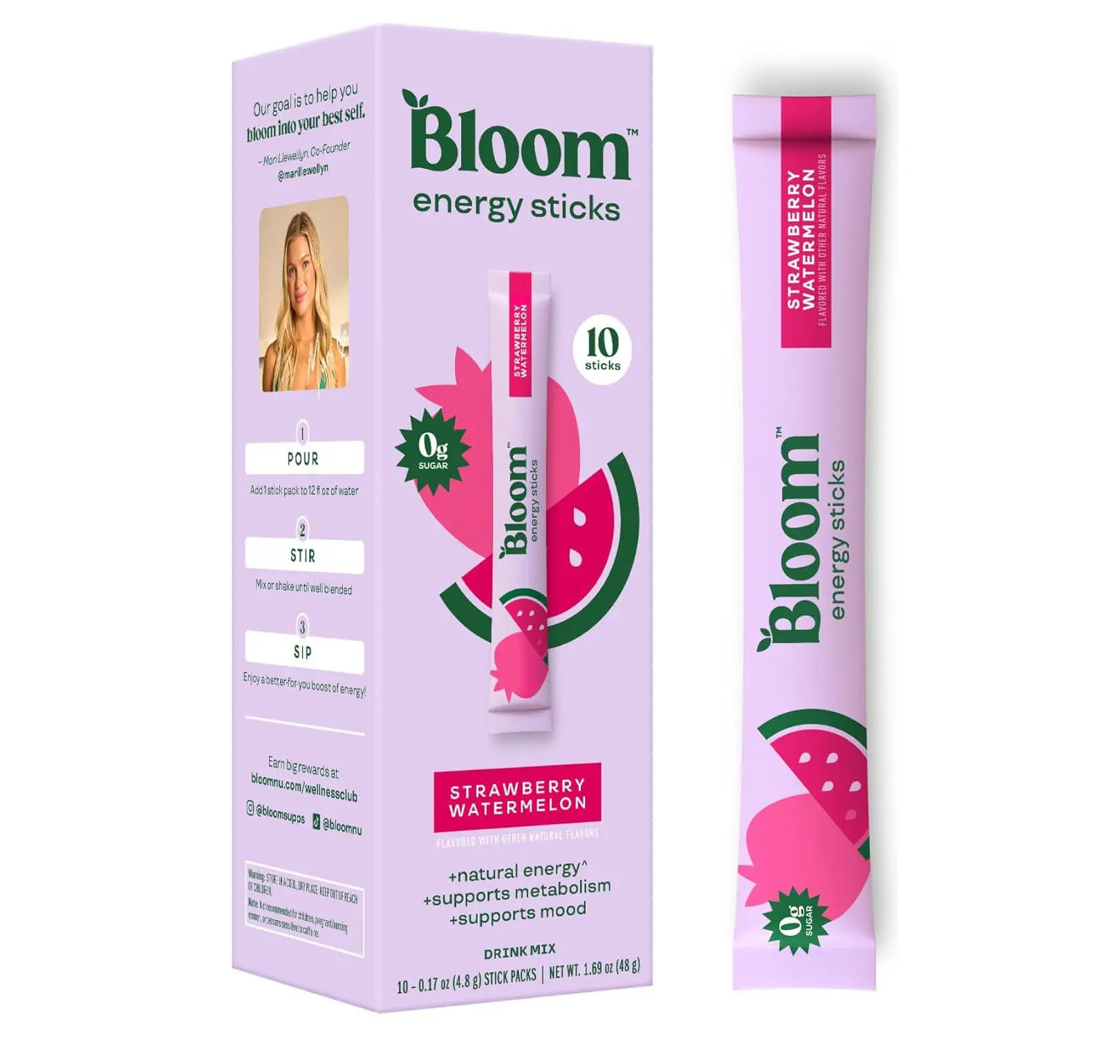Bloom Nutrition Energy Drink Powder Packets, Strawberry Watermelon, 10 Ct | Sugar Free Drink Mix with L-Theanine, B Vitamins & Natural Caffeine, On the Go Powder Sticks for Natural Energy, 10 Calories