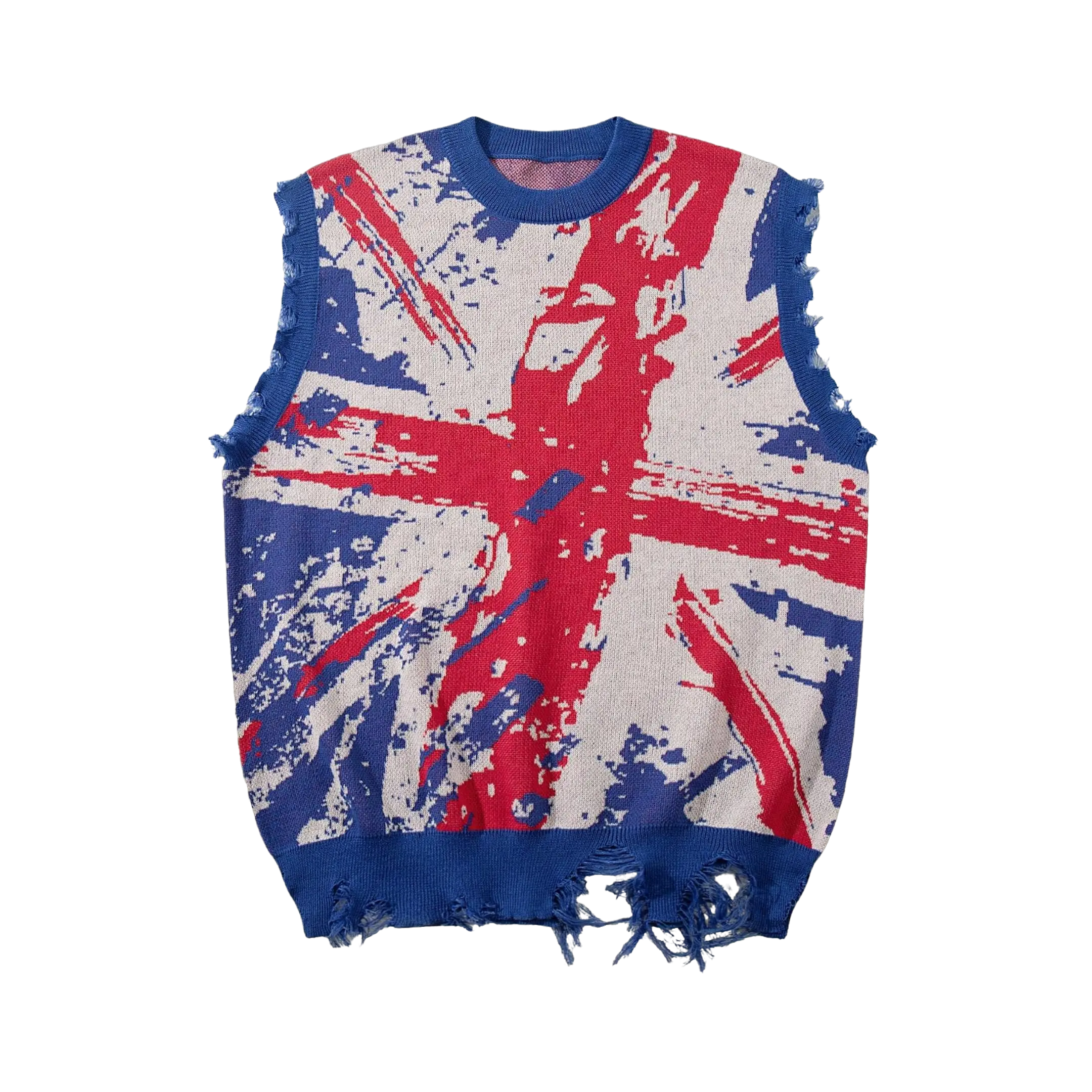 ANDREILEE Mens Fitted Round Neck Sleeveless Medium-Length Polyester Knit Vest - Edgy, Colorful, Distressed, Cut-Out Graphic, Cutout Sleeveless Vests, Vintage British Flag Graffiti Print, Raw Edge, Ripped, All-Seasons Street-Style Casual Top, Edgy Vests