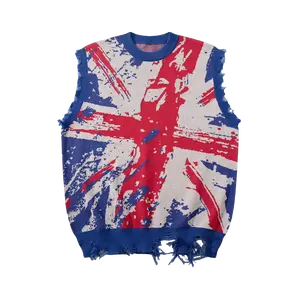 ANDREILEE Menswear Fitted Round Neck Vintage Distressed British Flag Graffiti Ripped Raw-Edge Sleeveless Medium Length Polyester Knit Vest - Trendy Street-Style Casual Top