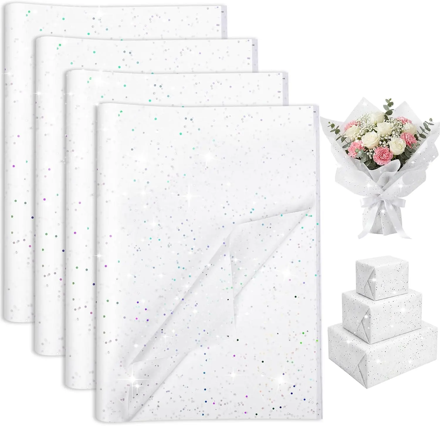 Glitter White Tissue Paper - 135 Sheets, 20x14 in Cuttable Size, Sequined Look Sparkle Finish Quality Material, Dainty Gifts & Wrapping Supplies for Christmas, Party Decor, Art DIY Crafts, 20 X 14 Inches