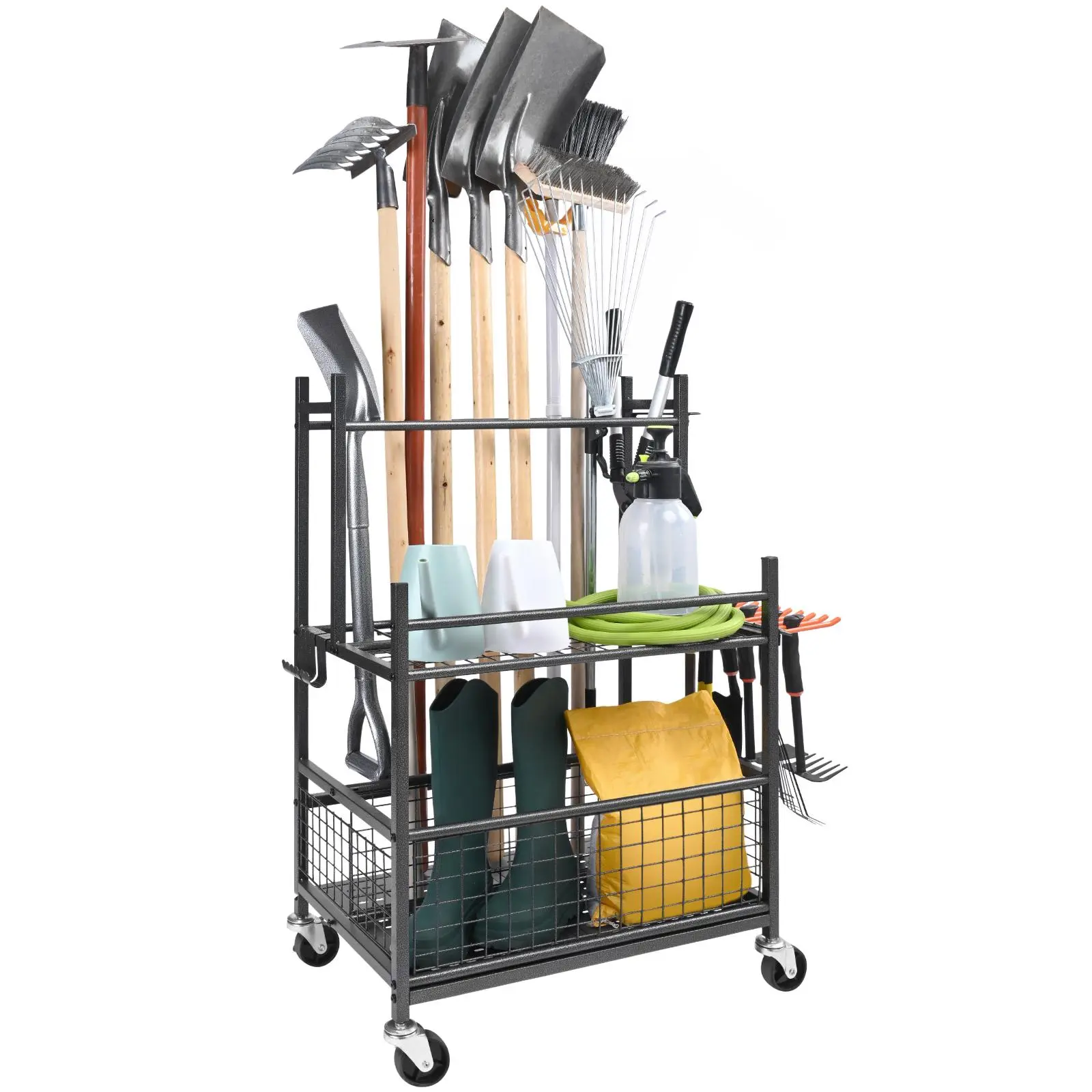 【Summerfinds】VEVOR Garden Tool Organizer 16 Slots with HooksYard Tool Tower Rack with Wheels for Garage Organization and StorageHold Long-Handled Tool/Rake/BroomMetal Tool Stand Holder for ShedOutdoor Adjustable Fitting
