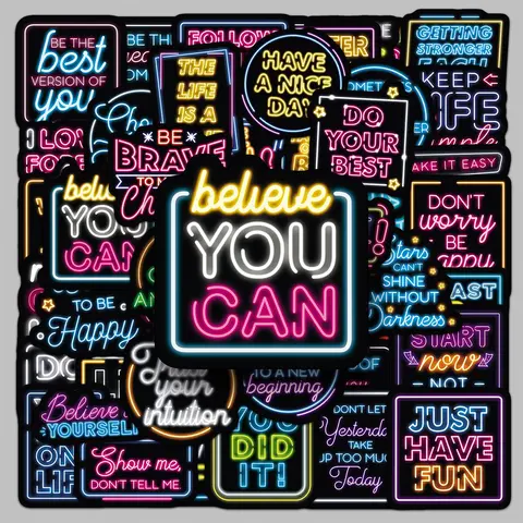 Neon Sign Words Pattern Sticker, 50pcs/set Creative Motivational Slogan Sticker, Decoration Sticker, Waterproof Self Adhesive Decor Paper for Gift Greeting Card Water Bottle Laptop Phone, Cases