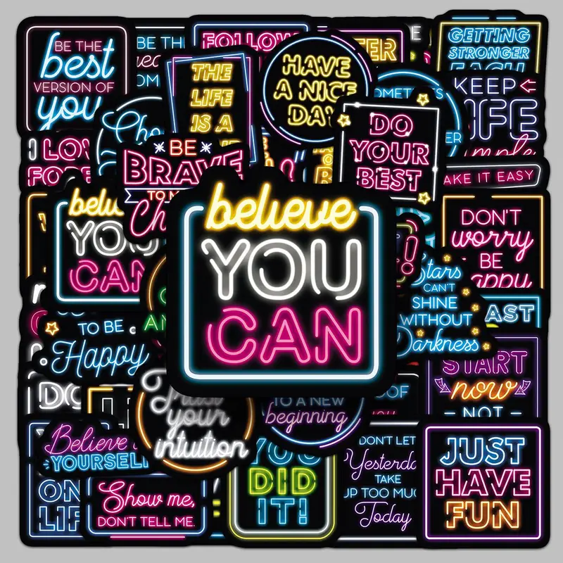 Neon Sign Words Pattern Sticker, 50pcs/set Creative Motivational Slogan Sticker, Decoration Sticker, Waterproof Self Adhesive Decor Paper for Gift Greeting Card Water Bottle Laptop Phone, Cases