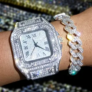 Luxury Moissanite Iced Out Watches Hip Hop Bust Down Unisex Diamond Watch, Stainless Steel Moissanite Studded Wrist Watch
